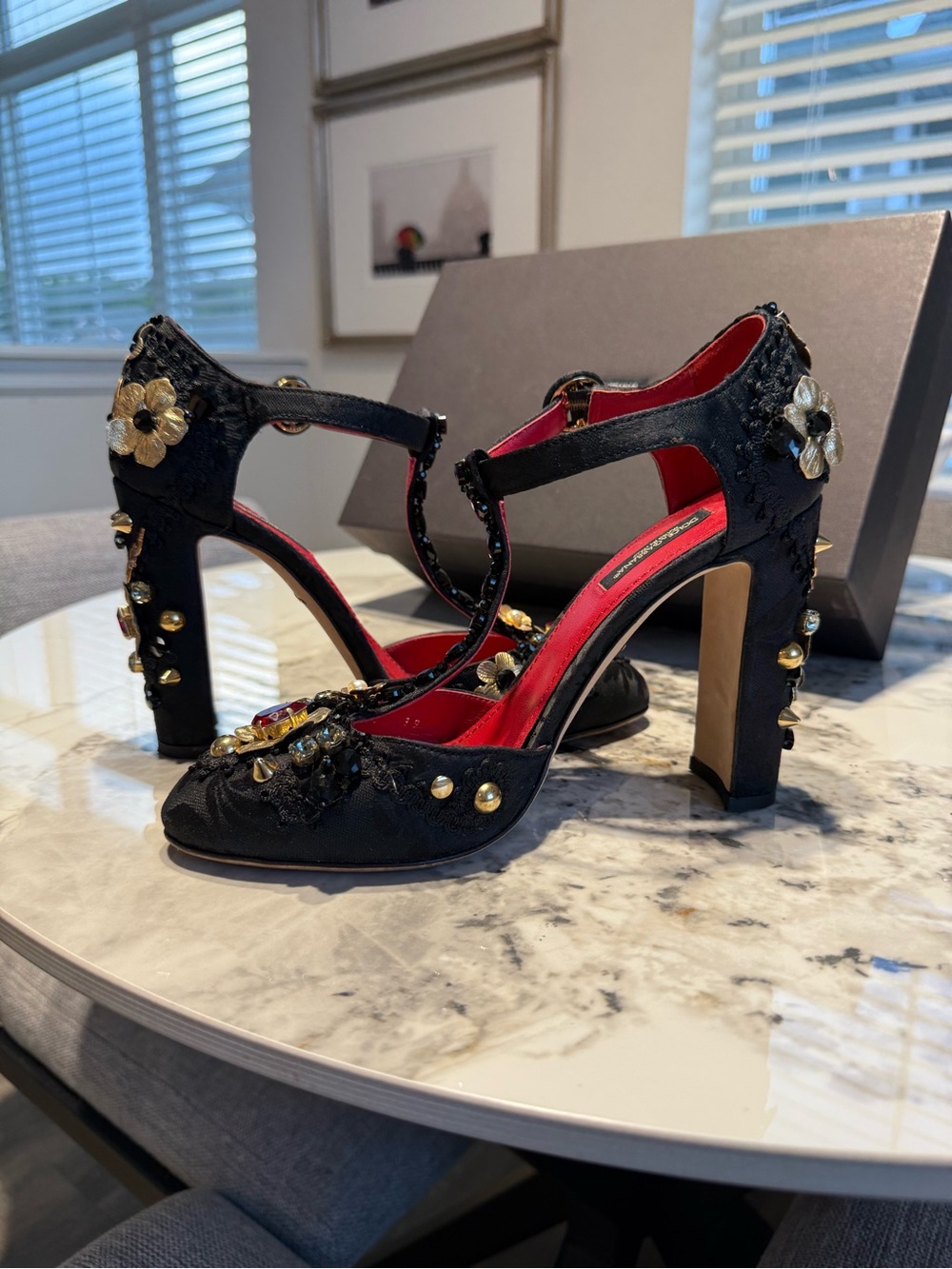 Dolce & Gabbana Black and Red Jewel-Embellished T-Strap Heels. RUNWAY - Picture 2 of 8